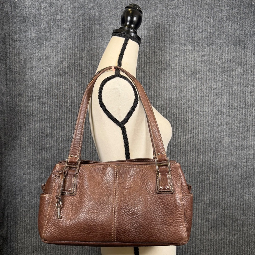 Vtg Y2K Fossil Satchel Bag Brown Pebbled Leather Top Handle Purse Key Charm EUC - Picture 2 of 15